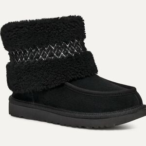 Brand New UGG WOMEN MINI UGG BRAID BLACK SUEDE CURLY SHEEPSKIN BOOTS US 37